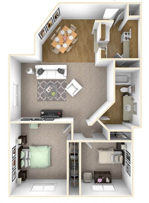 Floor plan for 2 beds, 1 bath, 739 sqft
